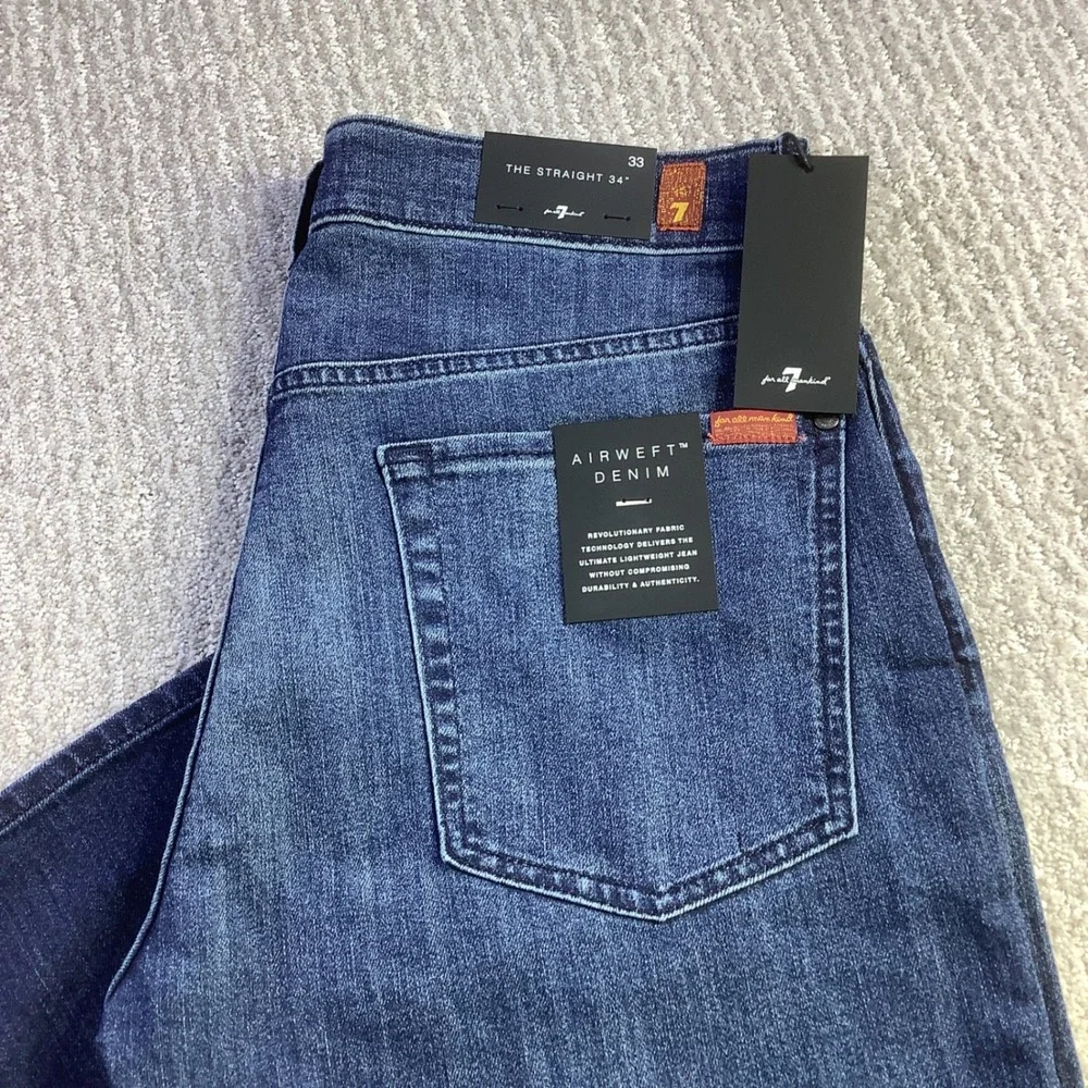 7 For All Mankind The Straight Airweft Denim Jeans Proper Blue Size 33 x 34 NWT